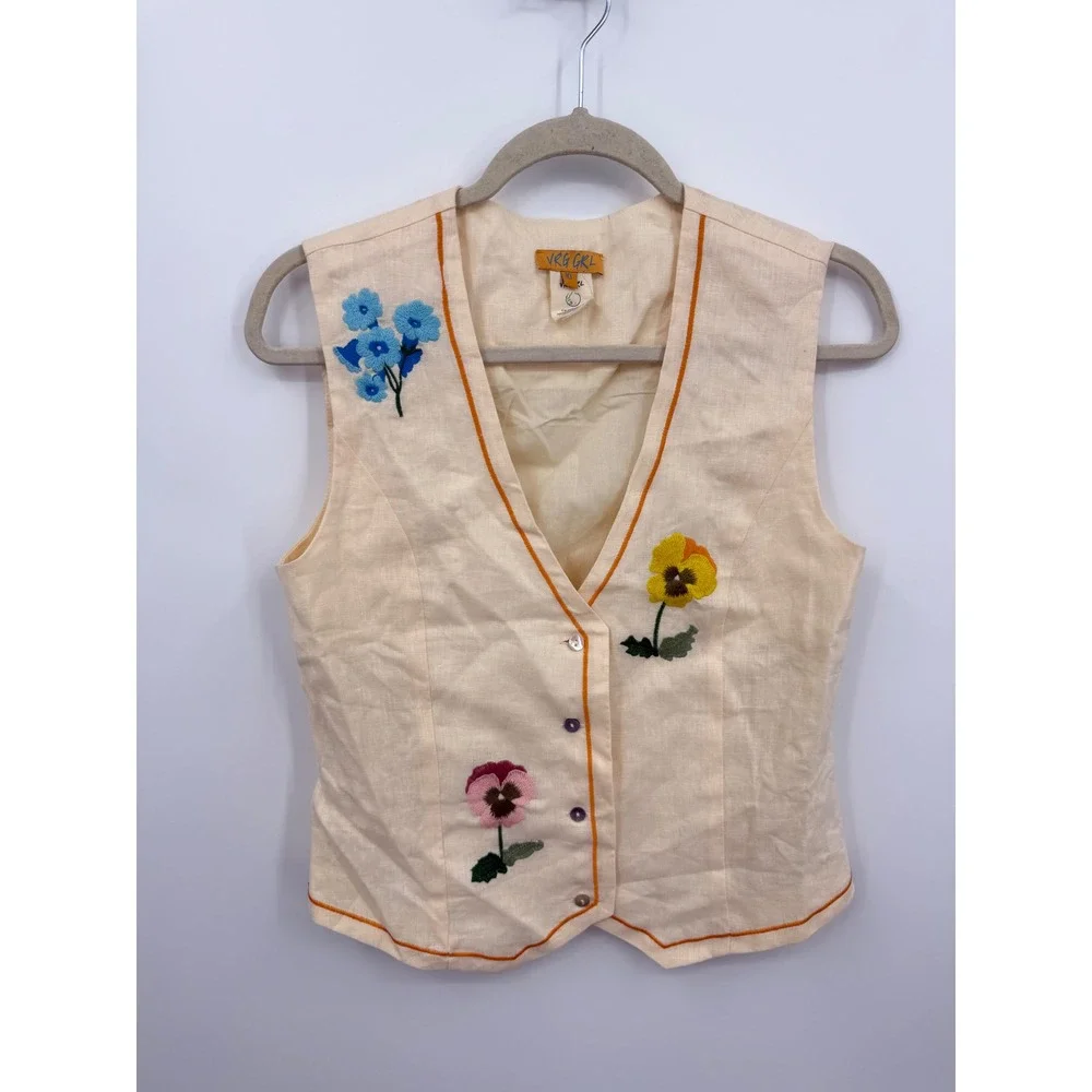 VRG GRL Embroidered Pansy Linen Vest Womens 10 Cream Floral Button Up Boho